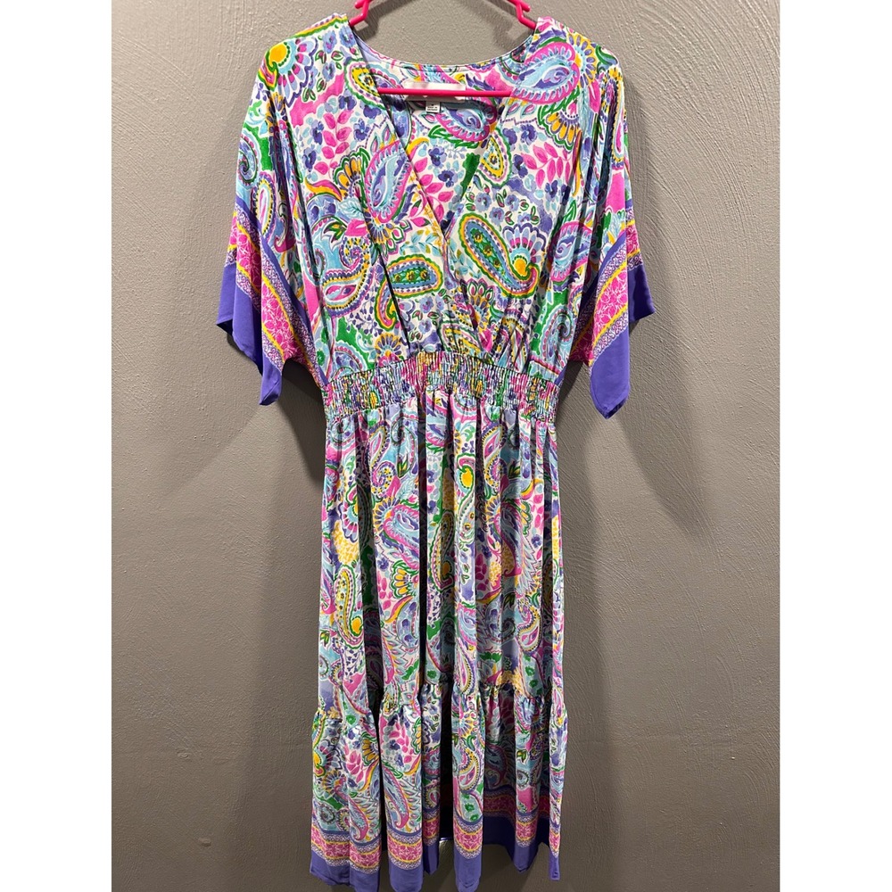 Emma & Michele Womens Paisley Floral Smocked Waist Midi Dress Purple Multi M